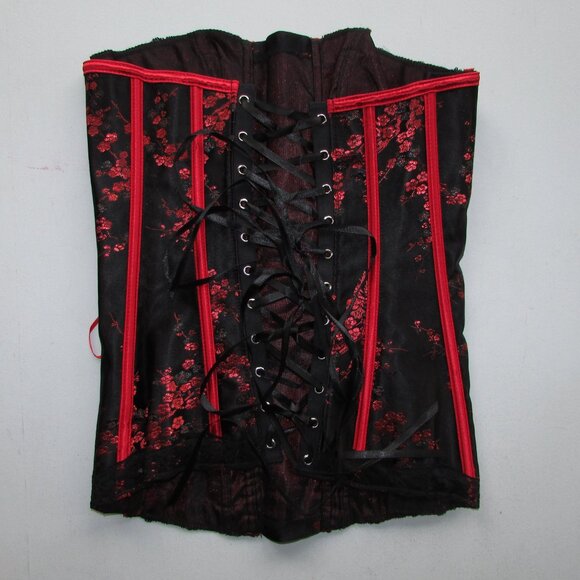 Black Red Asian Themed Jacquard Corset Set - NEW - Picture 5 of 9